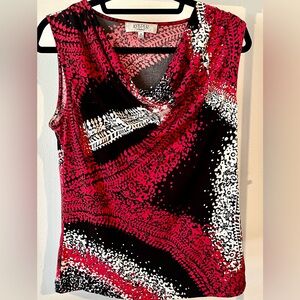 Kasper Sleeveless Stretch Top With Scooped Neckline. Red, Black And White, Sz M